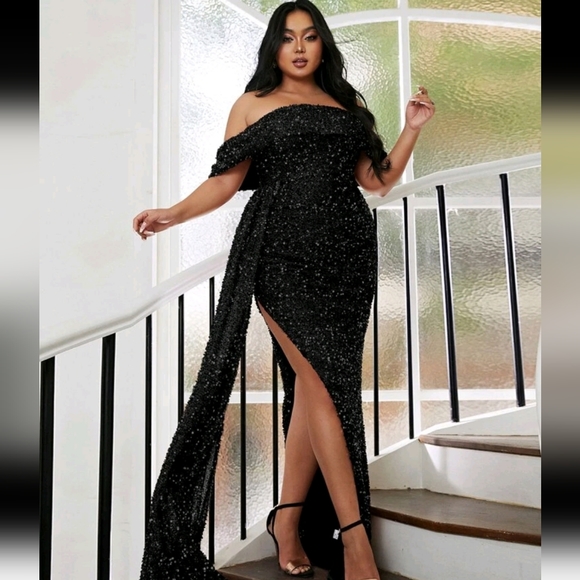 SHEIN Dresses & Skirts - Seomiscky Plus Off Shoulder Draped Side Split Thigh Sequin Formal Dress 1XL